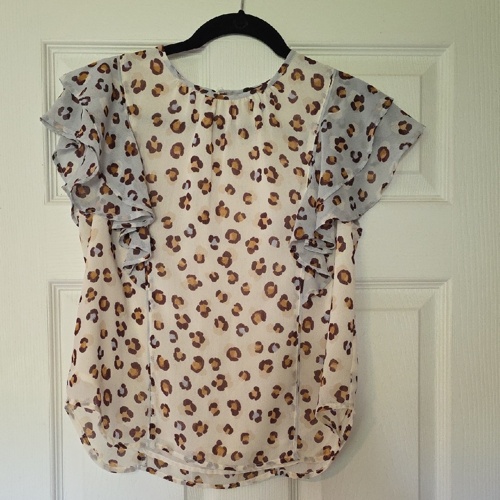 Ann Taylor Cream Leopard Print Blouse with Ruffle Sleeves